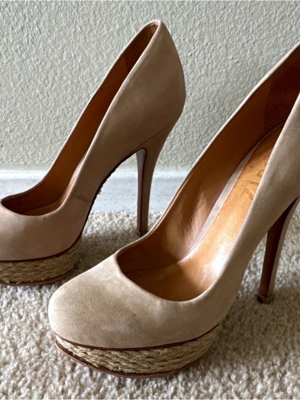 SCHUTZ Beige Suede Platform Pumps with Rope Detail